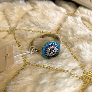 Mosaic Style Turquoise, Navy and Black Sterling Silver 925 Ring, size 9